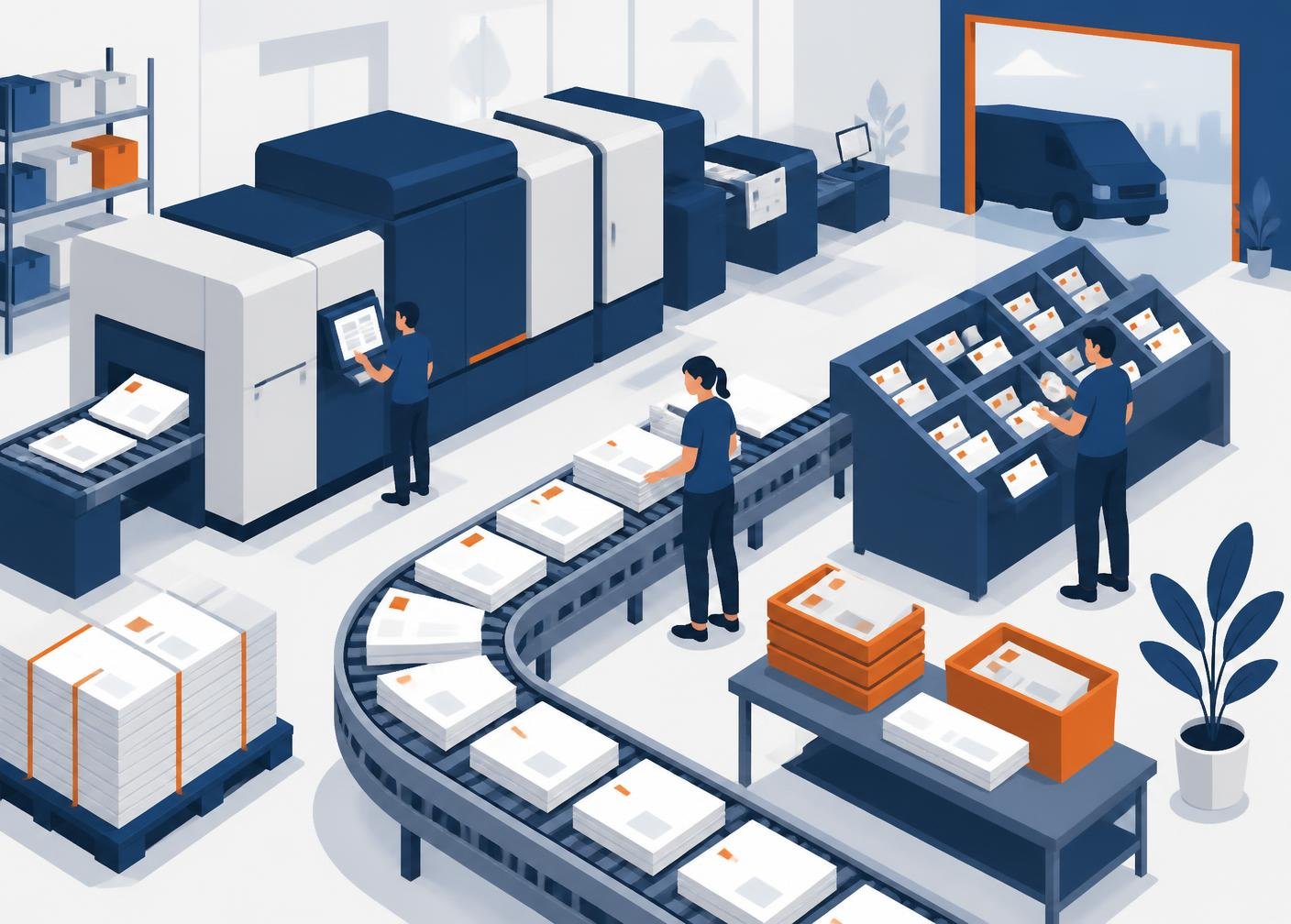 Illustration of a bulk mail printing facility with digital presses, envelope conveyor and dispatch van